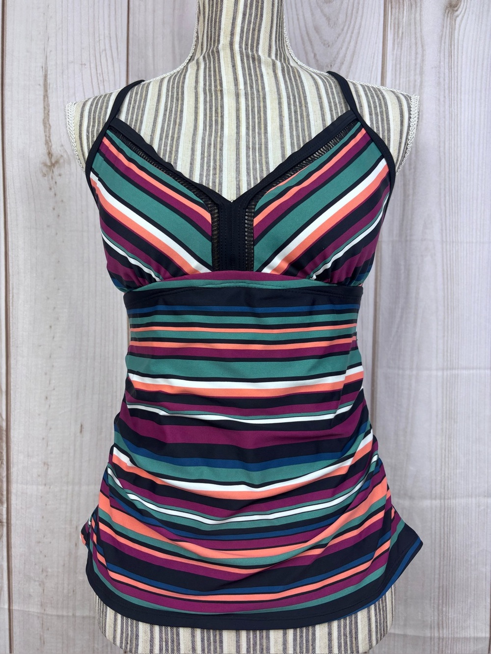 Kona SOL Tankini Swim Top Side Ruching Adjustable Striped Multicolor Size Medium
